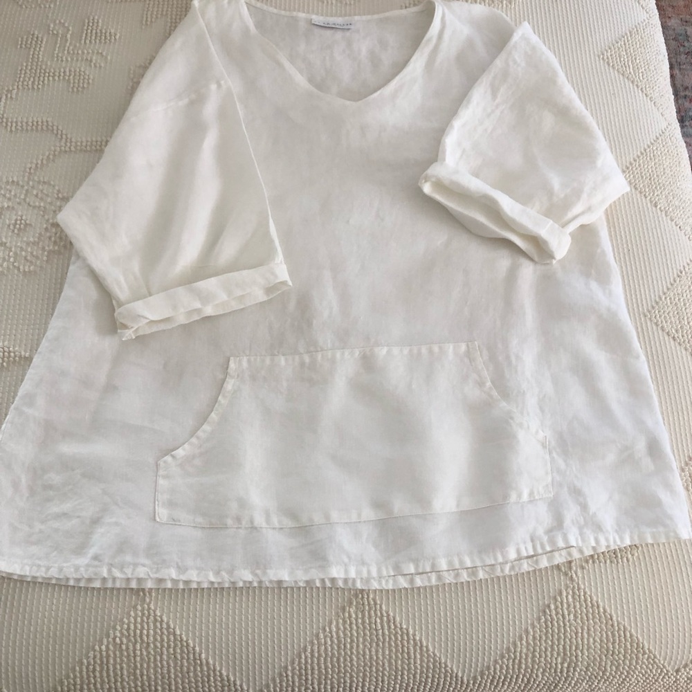 bryn Walker  V-Neck Linen Tunic with Front Kangaroo Pocket - Picture 4 of 10